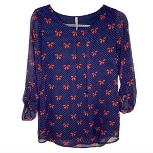 Chic Navy Blouse with Red Bow Accents